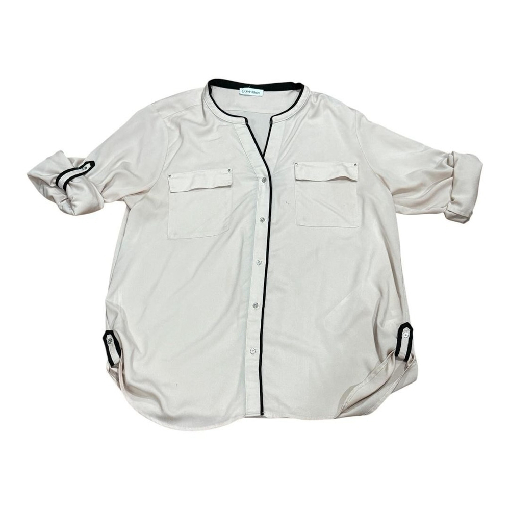 Calvin Klein Shirt Womens Large Button Up Roll Tab Sleeve Pocket Blouse